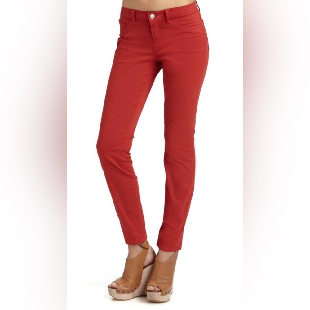 J BRAND Skinny Leg Twill Jeans Blood Orange Mid Ride Burnt Denim Knit Slim